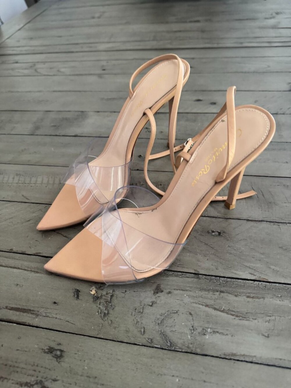Gianvito Rossi Stark PVC Stiletto Heel Ankle Wrap Leather Sandals Nude 35.5